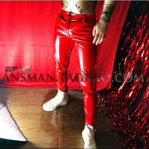 M-5xl New Nightclub Bar Mens Singer Dj Ds Stretch Leather Pants Hairstylist Pu Leather Trousers Stage Singer Costumes