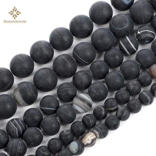 Matte Natural Stone Beads Black Banded Agates Round Loose Spacer Frosted Beads For Jewelry Making Diy Bracelet Necklace