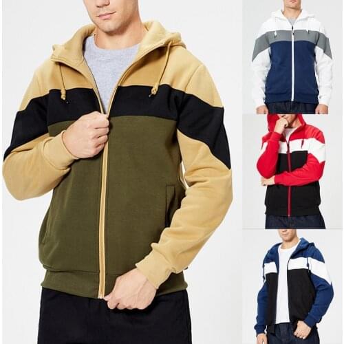Hot Sale Men Hoodie Color Block Zipper Autumn Winter Comfortable Hooded Drawstring Pockets Sweatshirt Male Clothes Fashion 2021