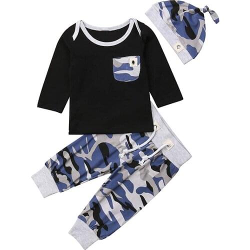 Toddler Casual 3pcs Baby Boys Clothes Newborn Infant Kids Boy Camouflage Top Long Pants Hats Outfits Childrens Clothing Set