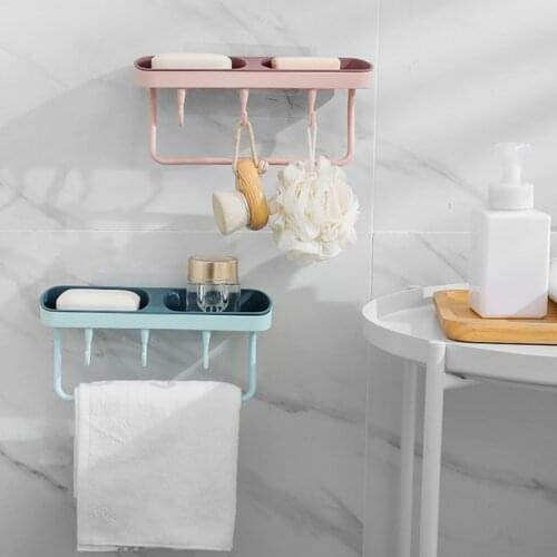 HOOQICT Bathroom Shelves Organizer Double Drain Soap Holder Towel Holder Storage Rack Wall Mounted Shelf Bathroom Accessories