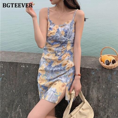 BGTEEVER Summer Spaghetti Strap Women Floral Dress Elegant Sleeveless Slim Waist Female Mini Dress Ladies Side Split Vestidos