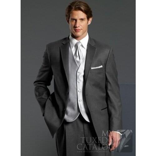 Newest Groom Tuxedo Charcoal Grey Groomsmen Notch Lapel Wedding/Dinner Suits Best Man Bridegroom (Jacket+Pants+Tie+Vest) B262