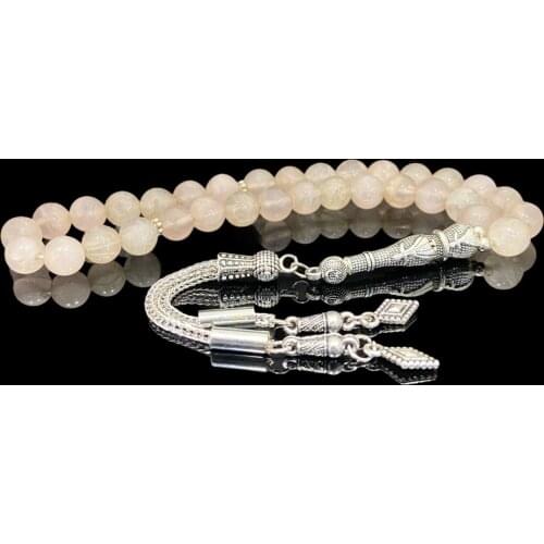 Pink Quartz Natural Stone Fringed Metal Tassel Prayer Beads Rosary