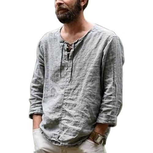 Men Blouse Top Shirt Woven Fabric Eye-catching Wear Resistant Woven Fabric Solid Color V Neck Men Blouse Men Long Sleeve Shirt