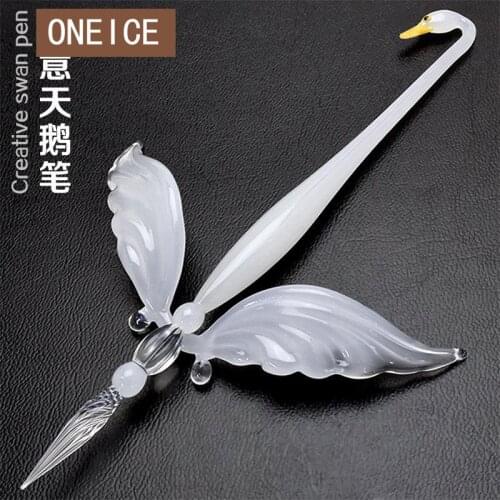 Glass PEN Traditional Chinese Fairy Figurines Miniatures Swan Creative Dip Pen Set Vibrating Hand-made Glass