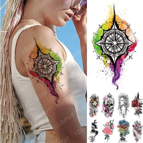 Waterproof Temporary Tattoo Sticker Rainbow Compass Mermaid Flash Tattoos Skull Family Tree Body Art Arm Fake Tatoo Women Men
