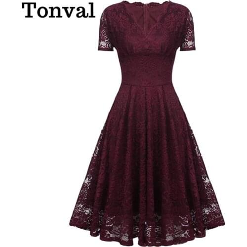 Tonval V Neck Elegant Burgundy A Line Lace Midi Swing Dress Women Summer High Waist Vintage Style Party Clothes