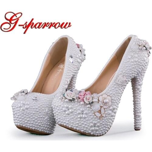 Elegant Wedding Shoes Woman Handmade High Heels White Pearl Princess Bridal Dress Shoes Rhinestone Adult Ceremony Party Pumps
