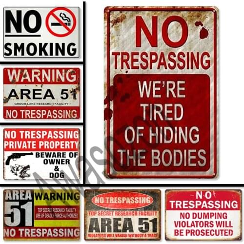Vintage No Trespassing Metal Tin Signs Beware Warning Keep Out Area 51 Poster Plates Plaque Sign Home Wall Farmhouse Shop Decor