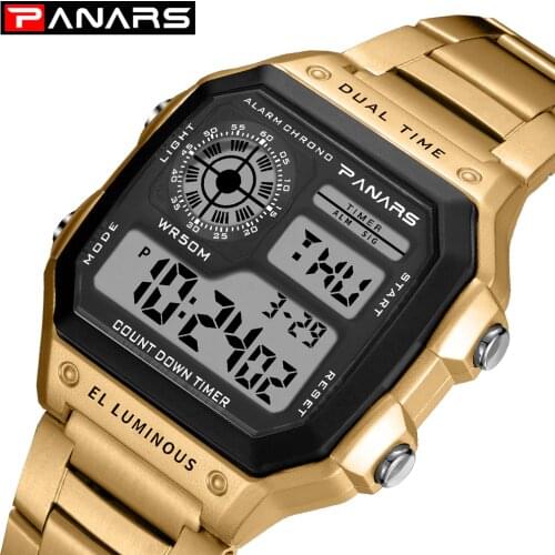 PANARS Sports Mens Business Square Retro Watches Waterproof Count Down Timer Digital Stopwatch Clock g Watch Shock Go Shock Gold