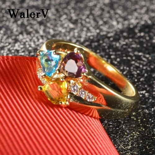 WalerV New Fashion Jewelry for Women Lovers Charm Love Shape Rings Three Kinds of Crystals Color Gold Zircon Ring Wedding Ring