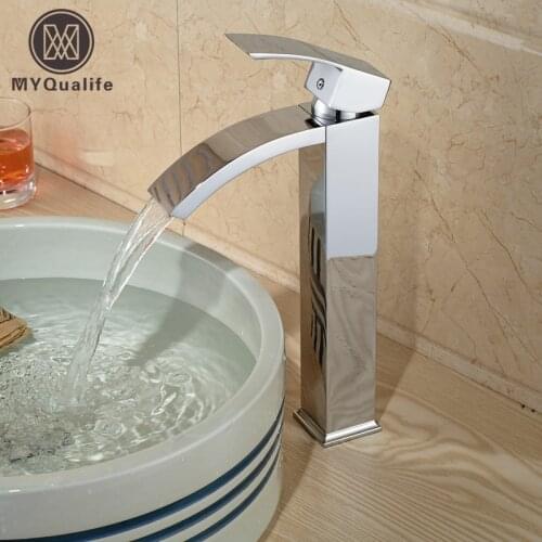 Bright Chrome Waterfall Bathroom Vanity Basin Faucet Deck Mount Mixer Taps for Basin Single Handle