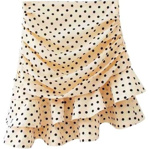 Stylish Chic Khaki Polka Dot Print Ruched Asymmetrical Mini Skirt Za 2020 Fashion Women Skirts Casual Streetwear Jupe