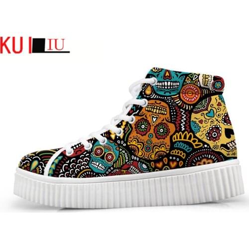 KUILIU 2021 Women Loafers Skeleton Skull Graffiti Print Flat on Platform Shoes Thick Sole Slip on Shoes Ladies Casual Shoe