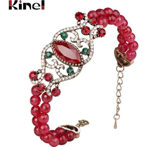 Kinel Luxury Red Natural Stone Bracelet Antique Gold Color Crystal Vintage Bracelets For Women Christmas Gift Turkish Jewelry