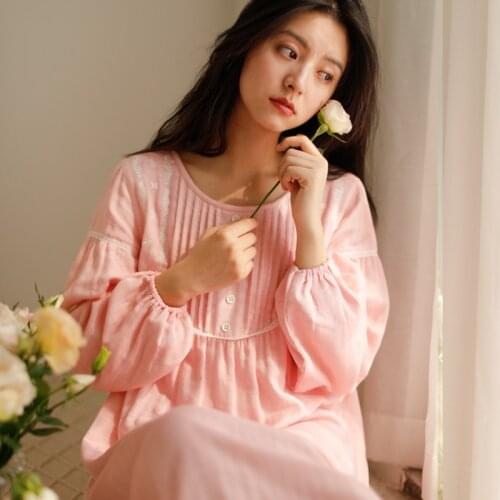 Comfy Night Dress Women Cotton Long Sleeve Nightgowns Vintage Sleeping Dress Girl Sweet Nightwear Korean Sleepwear Home Clothes