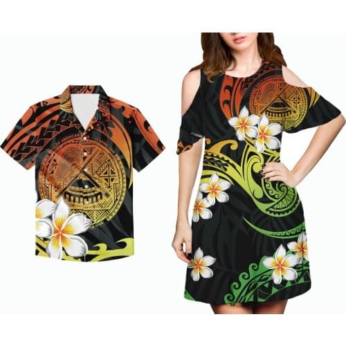 HYCOOL Samoan Print Women Plus Size Dress Couple Clothing One-Piece Polynesian Tribal Cold Shoulder Dress Match Men Beach Shirt