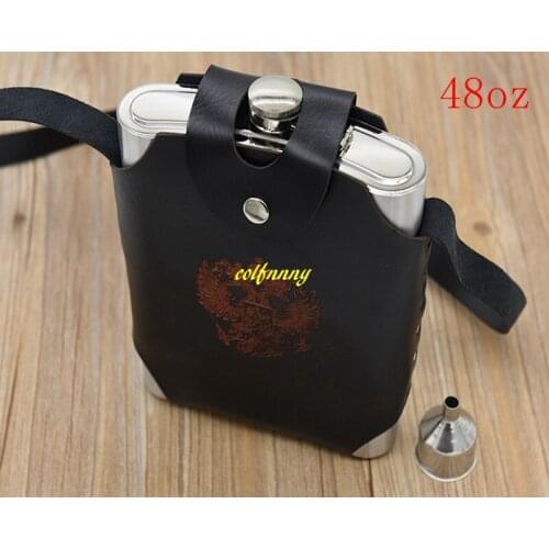 10sets/lot Fast shipping 48 oz Stainless Steel Hip Flask Portable 48oz Pocket Liquor bottle with funnels & leather case