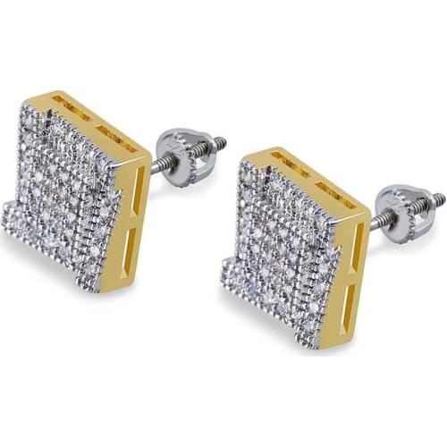 10mm wide Micro Paved AAA+ Cubic Zirconia Bling Iced Out Two Tone Square Stud Earrings for Men Hip Hop Rapper Jewelry Gold