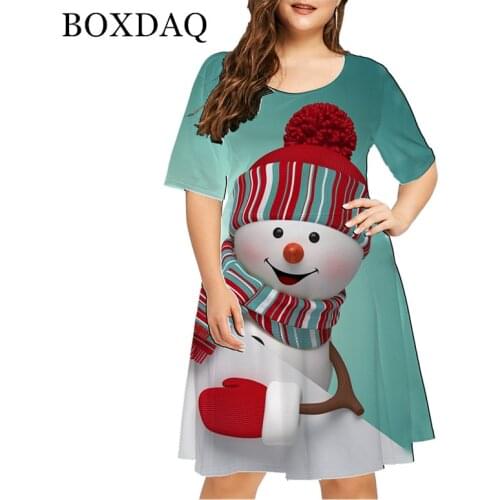 4XL Plus Size Casual Cute Cartoons 3D Printing Dress 2021 Woman Party Christmas Snowman Dress Fashion Short Sleeve Loose Dress