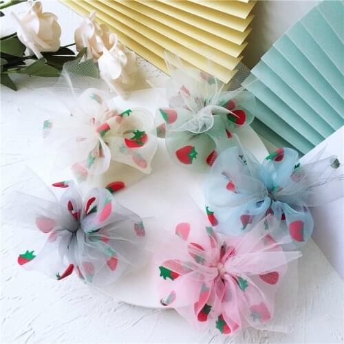 5Pcs 11CM DIY Chiffon Print Strawberry Bowknot Appliques For Clothes Shoes Hat Headwear Clips Crafts Decor Patches