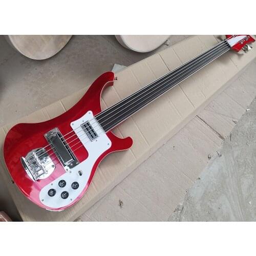 In Stock-5 Strings Fretless Metallic Red Electric Bass with Gold Binding,Rosewood Fretboard,Providing Customized Service