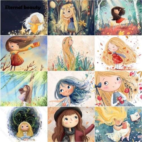 5D Diy Diamond Painting Cartoon Cute Big Head Long Hair Girl Portrait Full Square Round Drill Diamond Embroidery Home Wall Decor