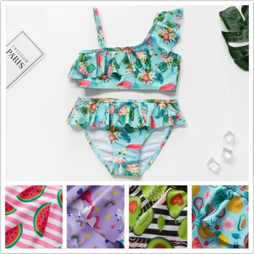 Girls Floping Shoulder Bikini Swimsuits Ruffled Flounce top Ruffles trim bottom Two Pieces Swimsuit 3-10y Print Floral for Girl