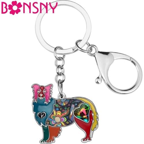 Bonsny Enamel Alloy Rhinestone Standing Border Collie Dog Key Chains Animal Pet Key Rings Jewelry For Women Girl Bag Charms Gift