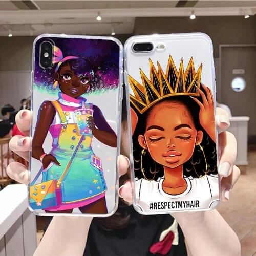 Cartoon Beautiful Black Girl Phone Case For iphone 5 5s se 2 6 6s 7 8 12 mini plus X XS XR 11 PRO MAX transparent silicone prime