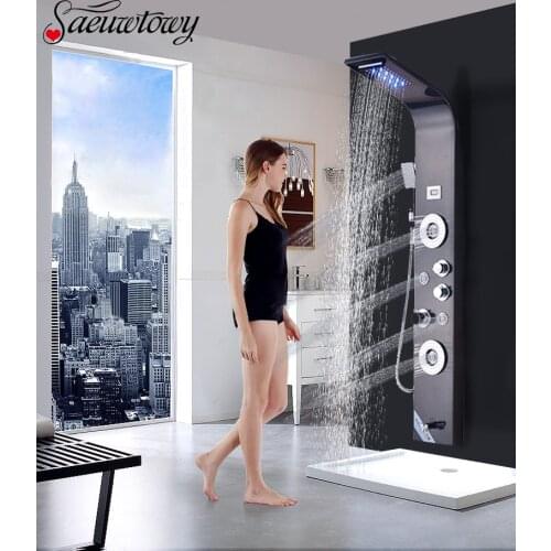 Black Shower Panel Shower Column Led Waterfall Shower Set Bidet Sprayer Massage Nozzle Temperature Display Bathroom Faucet