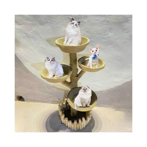 Pure solid wood cat climbing frame, sisal winding cat scratching post, small cat litter & cat tree cat jumping platform