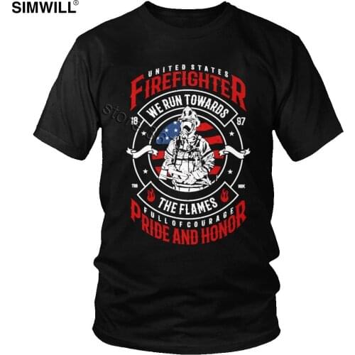 USA Hero Firefighter T Shirt Men Vintage Short Sleeve Cotton Full of Courage Pride Honor Tee We Run Towards The Flames T-Shirt