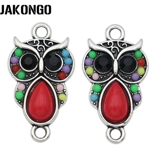 JAKONGO Antique Silver Plated Crystal Owl Connector for Jewelry Making Bracelet Findings DIY Accessories 24x13mm 5pcs