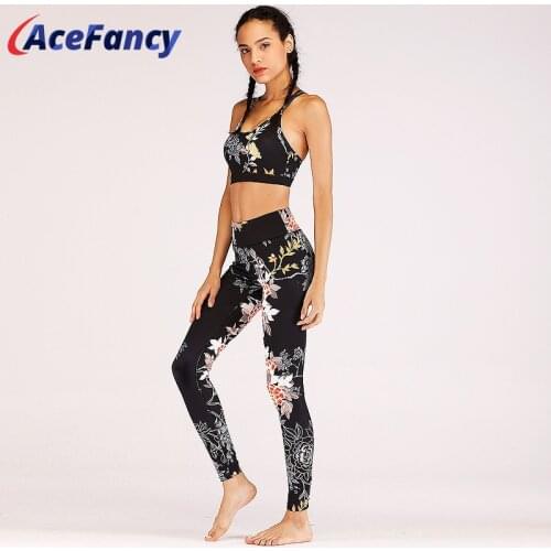 2 Piece Set Women Yoga Tracksuit Female Black Clothing Flora Printing Running Sets ropa deportiva mujer FT086 Fitness Suit Sport