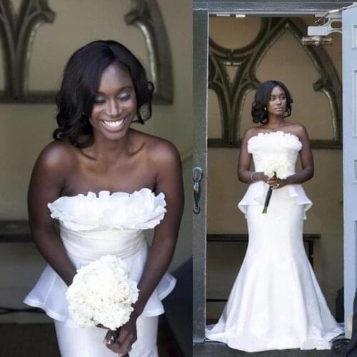 Pretty Ruffles Strapless African Wedding Dresses Sweep Train Satin Bridal Gowns Cheap Robe De Mariee