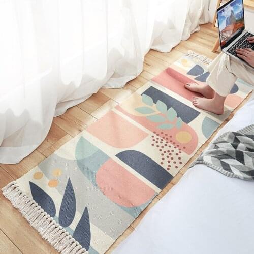 Fashion Hand Woven Carpets Bedroom Bohemian Bedside Rugs Tassel Cotton Blanket Anti-skid Tapestry Mat Home Door Decorative Floor