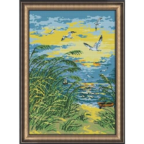The seaside sunrise counted 11 14CT Cross Stitch Set DIY DMC The Cross-stitch beautiful scenery Embroidery Needlework Home Decor