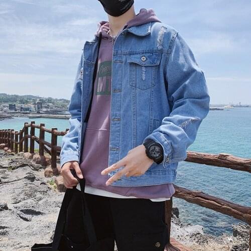 Wholesale Youth light-colored jacket male Hong Kong style boys Korean Ripped hole all-match handsome trendy brand denim jacket