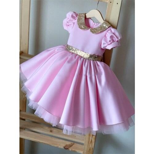 New Infant Dress Pink Satin Gold Sequins Princess First Birthday Dresses Kids Clothes Photography