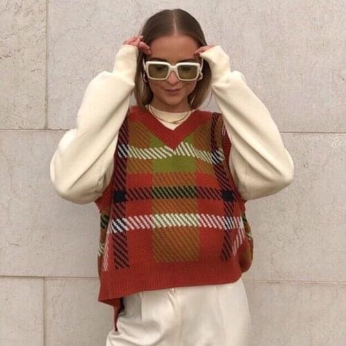 Women Spring Autumn Plaid Pattern Pullover Vest Fashion V-neck Loose Sleeveless Tops Stylish Casual Knitwear Winter Warm Sweater