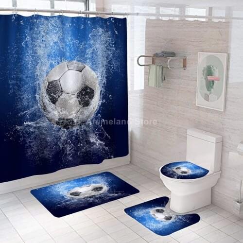 Fashion Football Shower Curtains Kids Sport Game Bathroom Curtain Bath Sets Toilet Cover Mat Non-Slip Washroom Rug Set 180x180cm