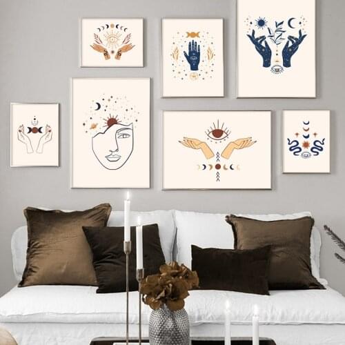 Nordic Posters And Prints Abstract Moon Sun Hand Eye Snake Girl Face Wall Art Canvas Painting Picture For Living Room Home Decor