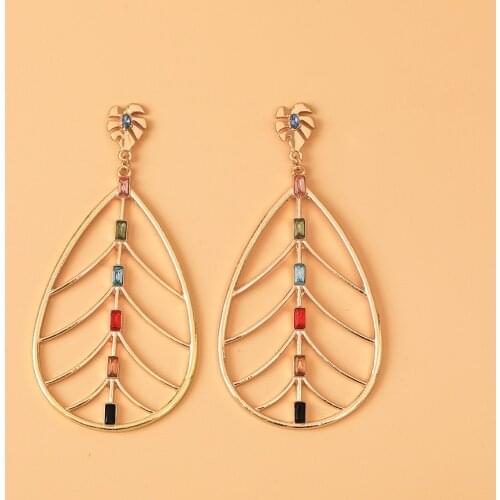 Vintage Hollow Alloy Leaf Colorful Rhinestone Dangle Earrings For Women