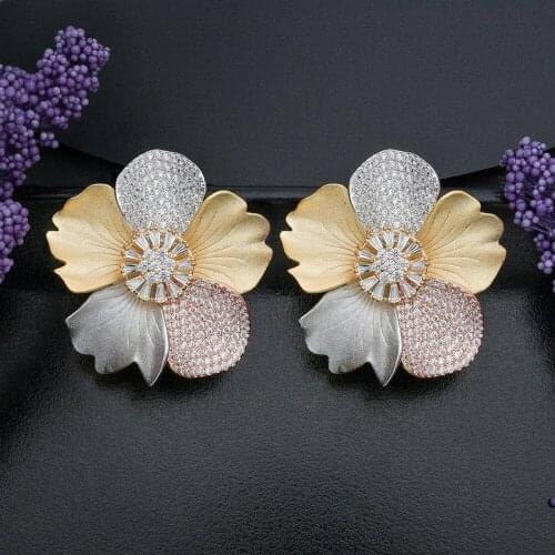 ModemAngel Luxury Begonia Flower 3Tone Women Wedding Engagement Bridal Earring Jewelry