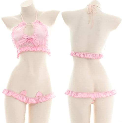 Kawaii Pajamas for Women Teen Girls Cute Cat Underwear Set Pink Sleepwear Sexy Lingerie Ruffles Sleep Tops with Mini Panty Woman