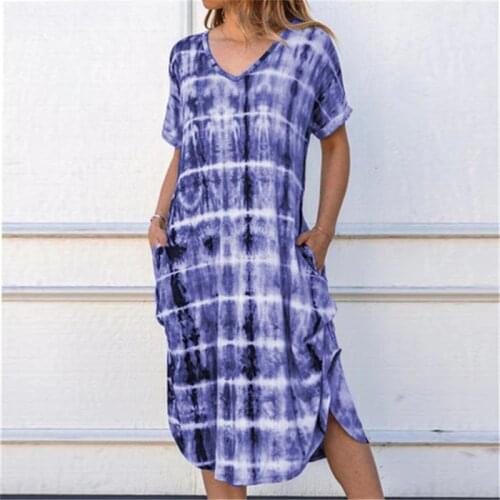 Women Casual Print Dress Short Sleeve 2020 Summer V-Neck Gradient Color Plaid Mid Long Dress By Pockets Side Splited Big Size
