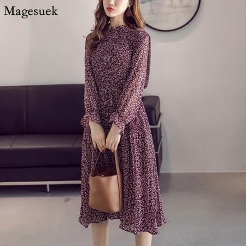 2021 Floral Print Empire Pleated Women Dresses Autumn Red Chiffon Women Dress Flare Sleeve Elegant Dress Vestido Midi 8634 50