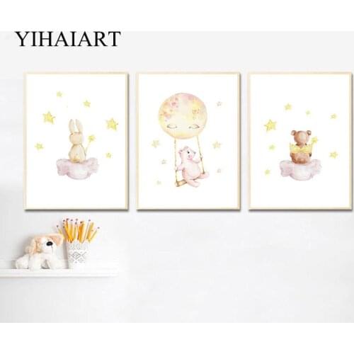 Animal Balloon Cartoon Picture Bunny Bear Print Painting Nursery Canvas Wall Art Print Nordic Poster Kids Child Bedroom Decor